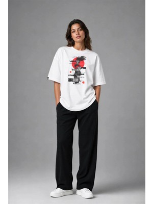 Posh Cabal F02136 Baskılı Oversize Beyaz Kadın T-Shirt