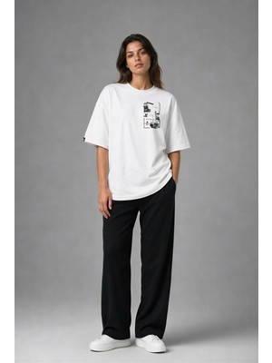 Posh Cabal G03139 Baskılı Oversize Beyaz Kadın T-Shirt