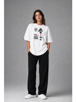 Posh Cabal F03146 Baskılı Oversize Beyaz Kadın T-Shirt