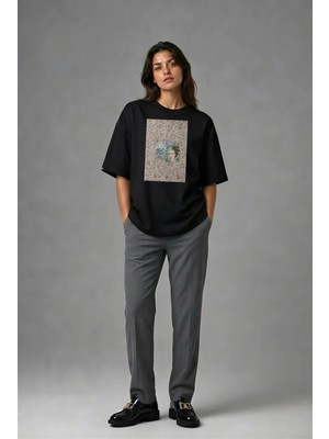 Posh Cabal F02106 Baskılı Oversize Siyah Kadın T-Shirt
