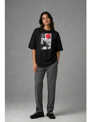 Posh Cabal F02139 Baskılı Oversize Siyah Kadın T-Shirt