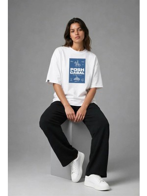 Posh Cabal F03085 Baskılı Oversize Beyaz Kadın T-Shirt