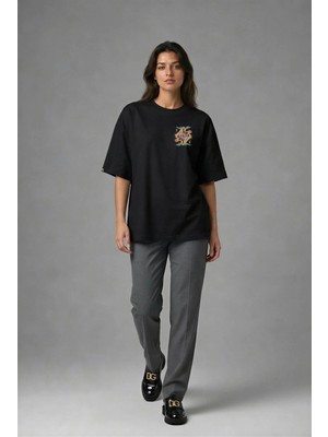 Posh Cabal G02038 Baskılı Oversize Siyah Kadın T-Shirt
