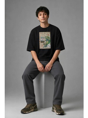 Posh Cabal F02105 Baskılı Oversize Siyah Erkek T-Shirt