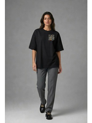 Posh Cabal G01003 Baskılı Oversize Siyah Kadın T-Shirt