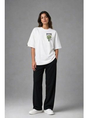 Posh Cabal G03114 Baskılı Oversize Beyaz Kadın T-Shirt