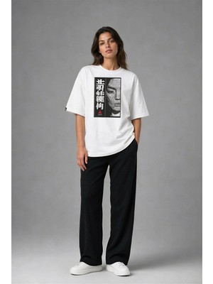 Posh Cabal F03129 Baskılı Oversize Beyaz Kadın T-Shirt