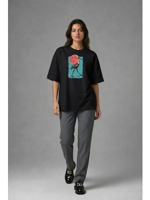 Posh Cabal F02123 Baskılı Oversize Siyah Kadın T-Shirt