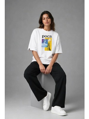 Posh Cabal F03095 Baskılı Oversize Beyaz Kadın T-Shirt