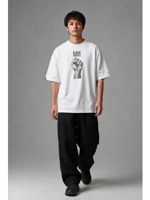 Posh Cabal F02108 Baskılı Oversize Beyaz Erkek T-Shirt