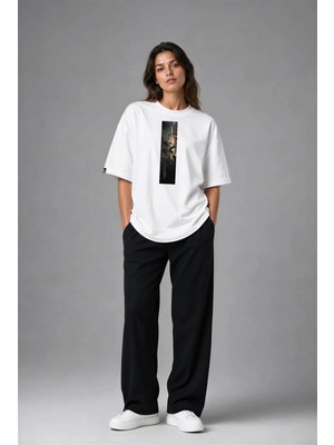 Posh Cabal F02141 Baskılı Oversize Beyaz Kadın T-Shirt