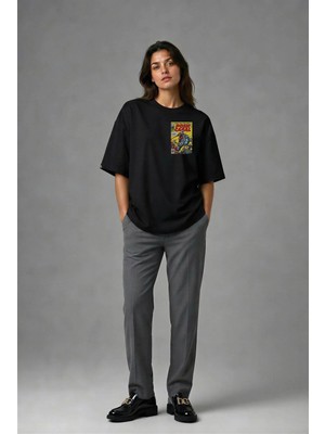 Posh Cabal G02131 Baskılı Oversize Siyah Kadın T-Shirt