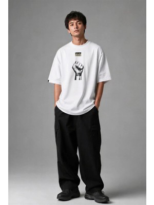 Posh Cabal F03136 Baskılı Oversize Beyaz Erkek T-Shirt