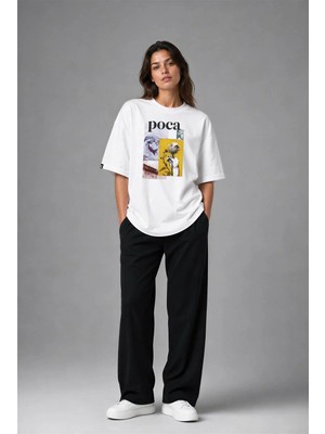 Posh Cabal F03096 Baskılı Oversize Beyaz Kadın T-Shirt