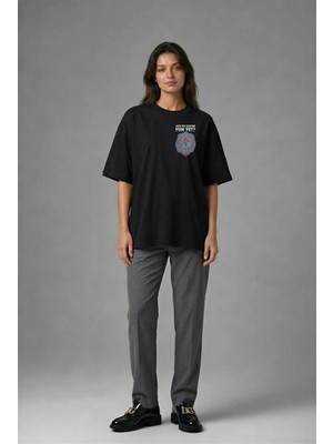 Posh Cabal G02047 Baskılı Oversize Siyah Kadın T-Shirt