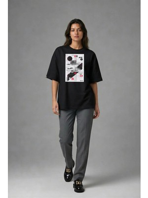 Posh Cabal F02138 Baskılı Oversize Siyah Kadın T-Shirt