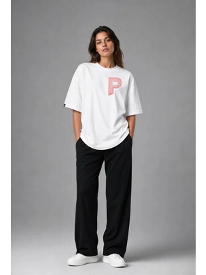 Posh Cabal G03001 Baskılı Oversize Beyaz Kadın T-Shirt