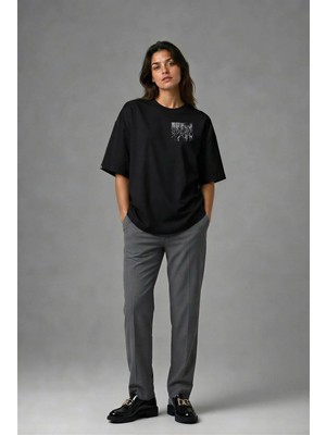Posh Cabal G01086 Baskılı Oversize Siyah Kadın T-Shirt