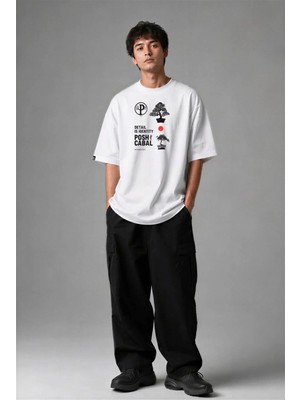 Posh Cabal F03146 Baskılı Oversize Beyaz Erkek T-Shirt