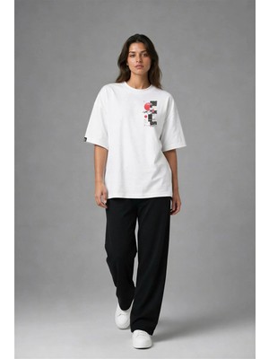 Posh Cabal G02133 Baskılı Oversize Beyaz Kadın T-Shirt