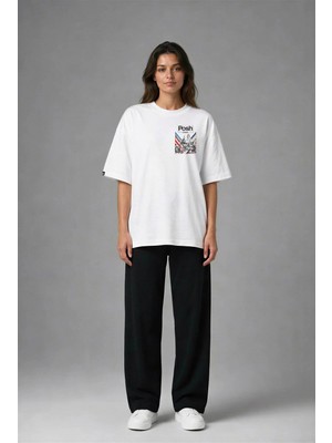 Posh Cabal G03122 Baskılı Oversize Beyaz Kadın T-Shirt