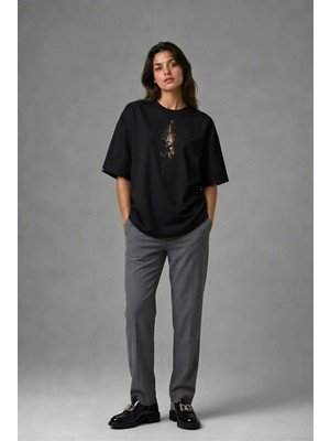 Posh Cabal F02141 Baskılı Oversize Siyah Kadın T-Shirt