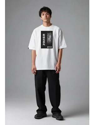 Posh Cabal F03127 Baskılı Oversize Beyaz Erkek T-Shirt