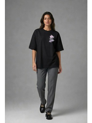 Posh Cabal G01008 Baskılı Oversize Siyah Kadın T-Shirt