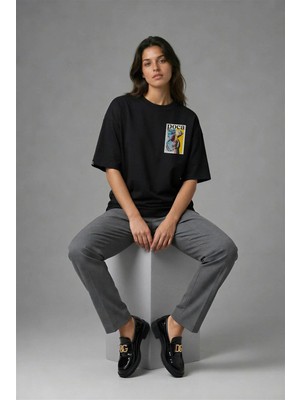 Posh Cabal G02085 Baskılı Oversize Siyah Kadın T-Shirt