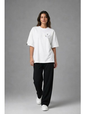 Posh Cabal G02048 Baskılı Oversize Beyaz Kadın T-Shirt