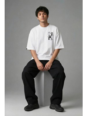 Posh Cabal G03005 Baskılı Oversize Beyaz Erkek T-Shirt