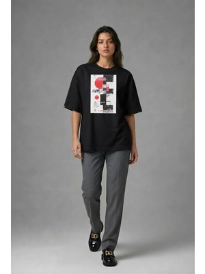 Posh Cabal F02133 Baskılı Oversize Siyah Kadın T-Shirt