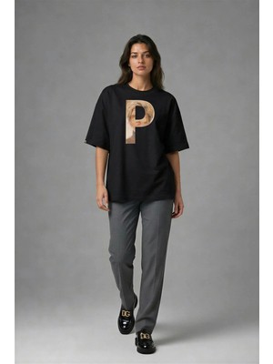 Posh Cabal F02113 Baskılı Oversize Siyah Kadın T-Shirt
