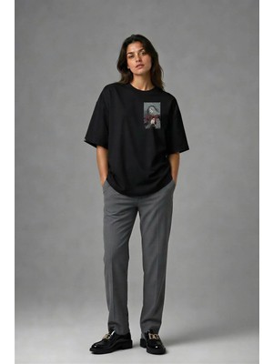 Posh Cabal G01026 Baskılı Oversize Siyah Kadın T-Shirt