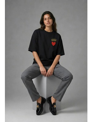 Posh Cabal G02110 Baskılı Oversize Siyah Kadın T-Shirt