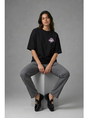 Posh Cabal G01010 Baskılı Oversize Siyah Kadın T-Shirt