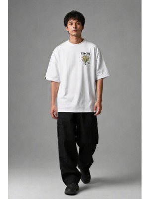 Posh Cabal G03113 Baskılı Oversize Beyaz Erkek T-Shirt