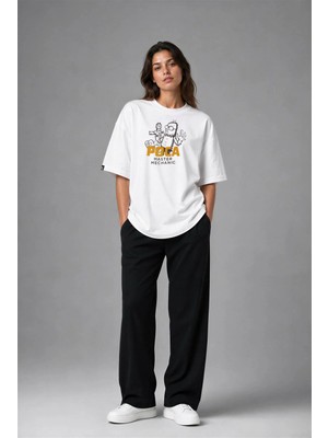 Posh Cabal F03021 Baskılı Oversize Beyaz Kadın T-Shirt