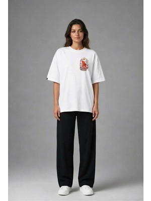 Posh Cabal G03017 Baskılı Oversize Beyaz Kadın T-Shirt