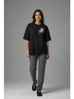 Posh Cabal G01018 Baskılı Oversize Siyah Kadın T-Shirt