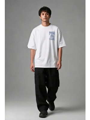 Posh Cabal G03063 Baskılı Oversize Beyaz Erkek T-Shirt