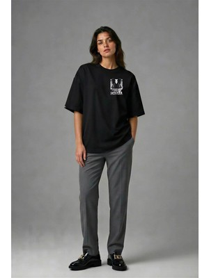 Posh Cabal G01079 Baskılı Oversize Siyah Kadın T-Shirt