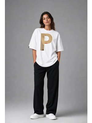 Posh Cabal F02116 Baskılı Oversize Beyaz Kadın T-Shirt