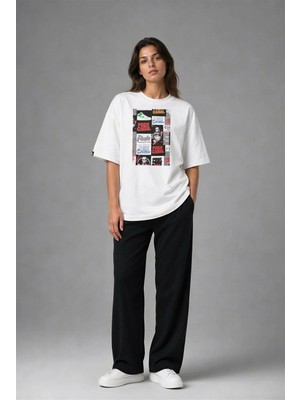 Posh Cabal F03084 Baskılı Oversize Beyaz Kadın T-Shirt