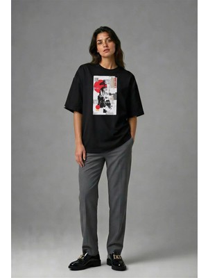 Posh Cabal F02134 Baskılı Oversize Siyah Kadın T-Shirt