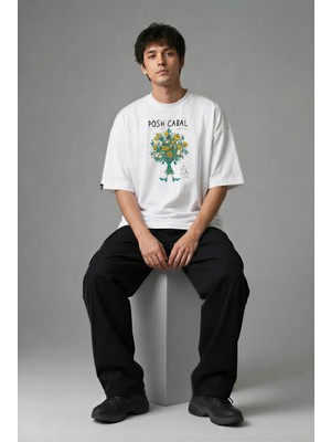 Posh Cabal F03115 Baskılı Oversize Beyaz Erkek T-Shirt