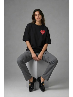 Posh Cabal G01020 Baskılı Oversize Siyah Kadın T-Shirt