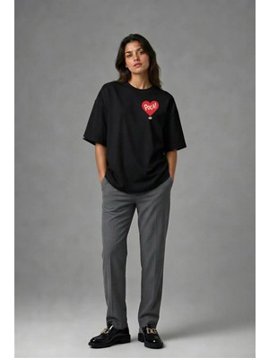Posh Cabal G01021 Baskılı Oversize Siyah Kadın T-Shirt