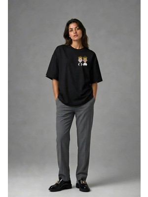 Posh Cabal G02026 Baskılı Oversize Siyah Kadın T-Shirt