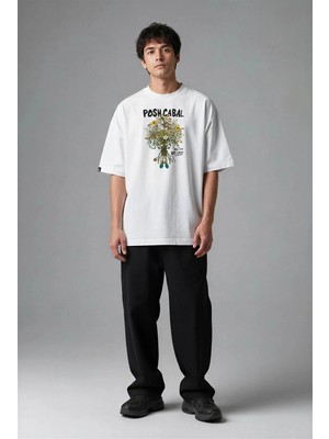 Posh Cabal F03112 Baskılı Oversize Beyaz Erkek T-Shirt